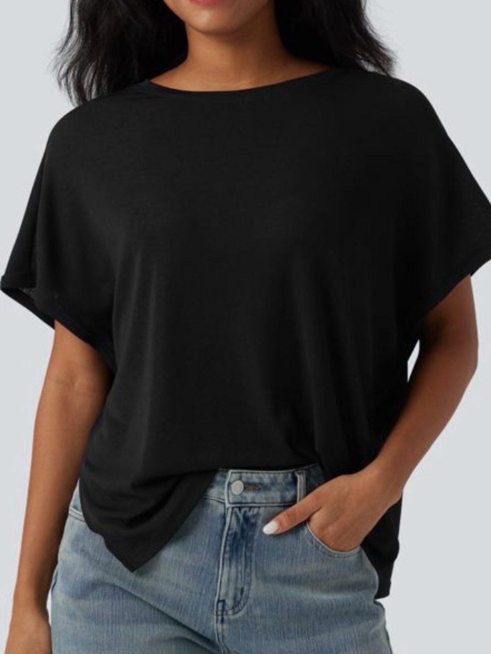 Halara Round Neck Batwing Sleeve Relaxed Casual T-Shirt Black